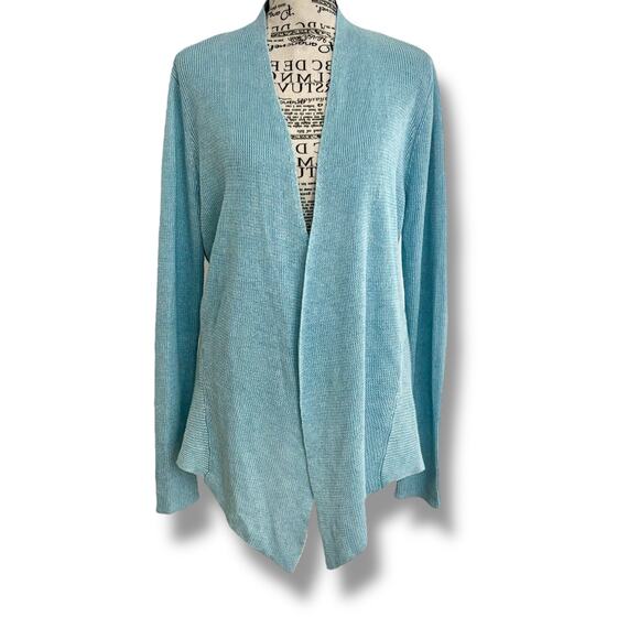 Eileen Fisher Size L Petite Blue Organic Linen Open Front Cardigan Classic - Picture 1 of 6